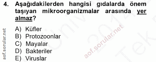 4. soru: Aşağıdakilerden hangisi gıdalarda önem taşıyan mikroorganizmalar arasında yer almaz? A) Küfler B) Protozoonlar aof.so…