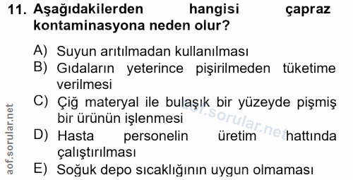 11. soru: Aşağıdakilerden hangisi çapraz kontaminasyona neden olur? A) Suyun arıtılmadan kullanılması B) Gıdaların yeterince pi…
