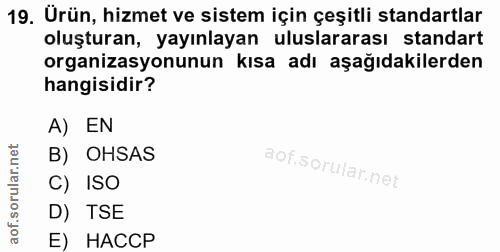 19. soru: Ürün, hizmet ve sistem için çeşitli standartlar oluşturan, yayınlayan uluslararası standart organizasyonunun kısa adı…