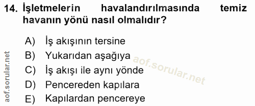 14. soru: İşletmelerin havalandırılmasında temiz havanın yönü nasıl olmalıdır? B) Yukarıdan aşağıya A) Iş akışının tersine C) I…