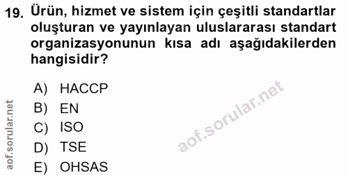 19. soru: Urün, hizmet ve sistem için çeşitli standartlar oluşturan ve yayınlayan uluslararası standart organizasyonunun kısa a…