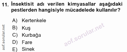 11. soru: İnsektisit adı verilen kimyasallar aşağıdaki petlerden hangisiyle mücadelede kullanılır? A) Kertenkele B) Kuş C) Kurb…