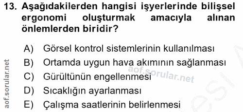 13. soru: Aşağıdakilerden hangisi işyerlerinde bilişsel ergonomi oluşturmak amacıyla alınan önlemlerden biridir? A) Görsel kont…