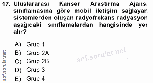 17. soru: Uluslararası Kanser Araştırma Ajansı sınıflamasına göre mobil iletişim sağlayan sistemlerden oluşan radyofrekans rady…