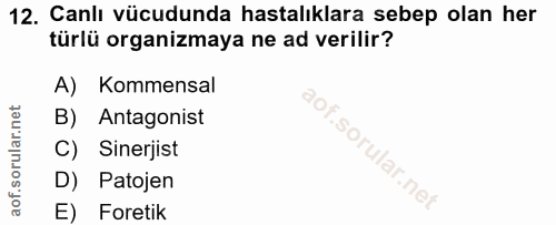 12. soru: Canlı vücudunda hastalıklara sebep olan her türlü organizmaya ne ad verilir? A) Kommensal B) Antagonist C) Sinerjist…