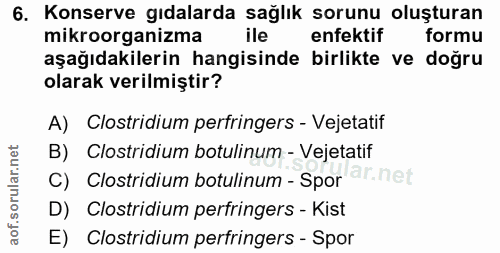 6. soru: Konserve gıdalarda sağlık sorunu oluşturan mikroorganizma enfektif formu aşağıdakilerin hangisinde birlikte ve doğru…