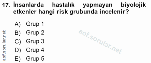 17. soru: Insanlarda hastalık yapmayan biyolojik etkenler hangi risk grubunda incelenir? A) Grup 1 B) Grup 2 C) Grup 3 D) Grup…