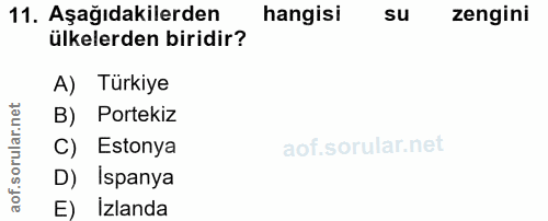 11. soru: Aşağıdakilerden hangisi su zengini ülkelerden biridir? A) Türkiye B) Portekiz C) Estonya D) Ispanya E) İzlanda