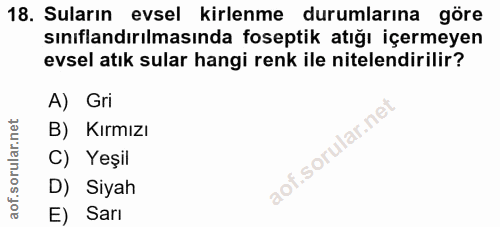 18. soru: Suların evsel kirlenme durumlarına göre sınıflandırılmasında foseptik atığı içermeyen evsel atık sular hangi renk ile…