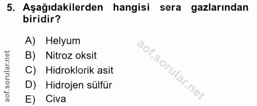 5. soru: Aşağıdakilerden hangisi sera gazlarından biridir? A) Helyum B) Nitroz oksit C) Hidroklorik asit D) Hidrojen sülfür E)…
