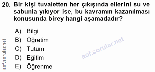 20. soru: Bir kişi tuvaletten her çıkışında ellerini su ve sabunla yıkıyor ise, bu kavramın kazanılması konusunda birey hangi a…