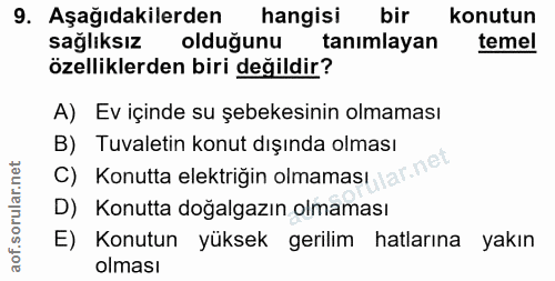 9. soru: Aşağıdakilerden hangisi bir konutun sağlıksız olduğunu tanimlayan temel özelliklerden biri değildir? A) Ev içinde su…