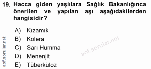 19. soru: Hacca giden yaşlılara Sağlık Bakanlığınca önerilen ve yapılan aşı aşağıdakilerden hangisidir? A) Kızamık B) Kolera C)…