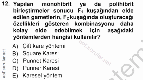 12. soru: Yapılan monohibrit ya da polihibrit birleştirmeler sonucu Fı kuşağından elde edilen gamelerin, Fz kuşağında oluşturac…