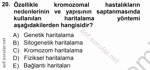20. soru: Özellikle kromozomal hastalıkların nedenlerinin ve yapısının saptanmasında kullanılan haritalama yöntemi aşağıdakiler…