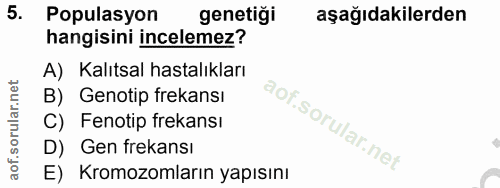 5. soru: Populasyon genetiği aşağıdakilerden hangisini incelemez? A) Kalıtsal hastalıkları B) Genotip frekansı C) Fenotip frek…