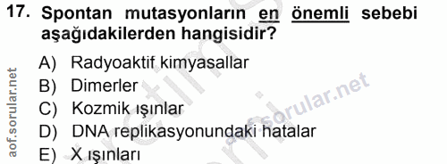 17. soru: Spontan mutasyonların en önemli sebebi aşağıdakilerden hangisidir? A) Radyoaktif kimyasallar B) Dimerler ar.net C) Ko…