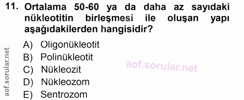 11. soru: Ortalama 50-60 ya da daha az sayıdaki nükleotitin birleşmesi ile oluşan yapı aşağıdakilerden hangisidir? A) Oligonükl…