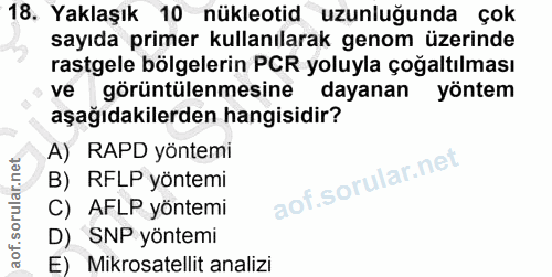 18. soru: Yaklaşık 10 nükleotid uzunluğunda çok sayıda primer kullanılarak genom üzerinde rastgele bölgelerin PCR yoluyla çoğal…