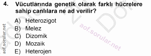 4. soru: Vücutlarında genetik olarak farklı hücrelere sahip canlılara ne ad verilir? A) Heterozigot B) Melez C) Dizomik D) Moz…