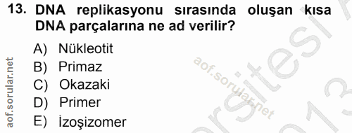13. soru: DNA replikasyonu sırasında oluşan kısa DNA parçalarına ne ad verilir? A) Nükleotit B) Primaz C) Okazaki aof sorylarne…