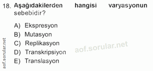 18. soru: Aşağıdakilerden hangisi varyasyonun sebebidir? A) Ekspresyon B) Mutasyon C) Replikasyon aof.sorular.n D) Transkripsiy…