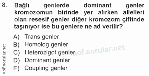 8. soru: Bağlı genlerde dominant genler kromozomun birinde yer alırken allelleri olan resesif genler diğer kromozom çiftinde t…