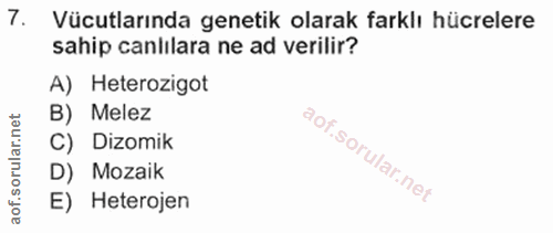 7. soru: Vücutlarında genetik olarak farklı hücrelere sahip canlılara ne ad verilir? A) Heterozigot B) Melez C) Dizomik D) Moz…