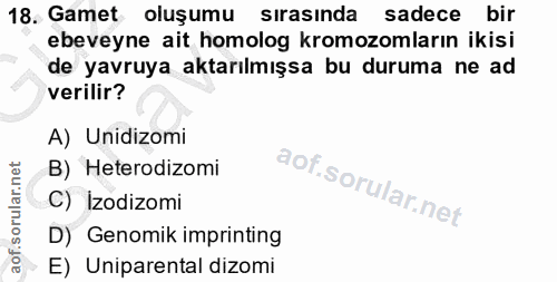 18. soru: Gamet oluşumu sırasında sadece bir ebeveyne ait homolog kromozomların ikisi de yavruya aktarılmışsa bu duruma ne ad v…