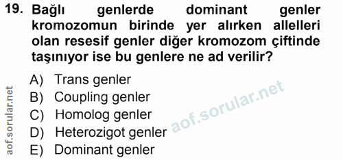 19. soru: Bağlı genlerde dominant genler kromozomun birinde yer alırken allelleri olan resesif genler diğer kromozom çiftinde t…