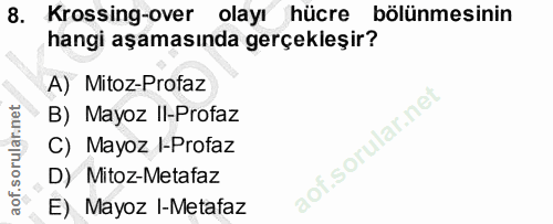 8. soru: Krossing-over olayı hücre bölünmesinin hangi aşamasında gerçekleşir? A) Mitoz-Profaz B) Mayoz lI-Profaz C) Mayoz I-Pr…