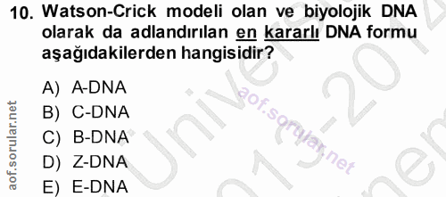 10. soru: Watson-Crick modeli olan ve biyolojik DNA olarak da adlandırılan en kararlı DNA formu aşağıdakilerden hangisidir? A)…