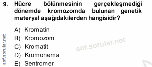 9. soru: Hücre bölünmesinin gerçekleşmediği dönemde kromozomda bulunan genetik materyal aşağıdakilerden hangisidir? A) Kromati…