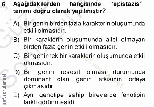 6. soru: Aşağıdakilerden hangisinde "epistazis" tanımı doğru olarak yapılmıştır? A) Bir genin birden fazla karakterin oluşumun…