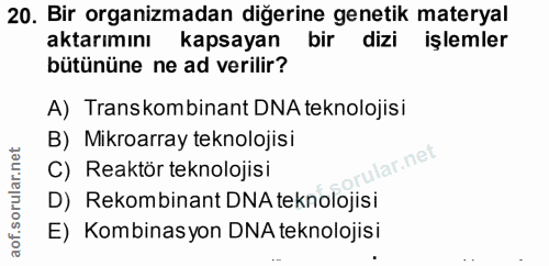 20. soru: Bir organizmadan diğerine genetik materyal aktarımını kapsayan bir dizi işlemler bütününe ne ad verilir? A) Transkomb…