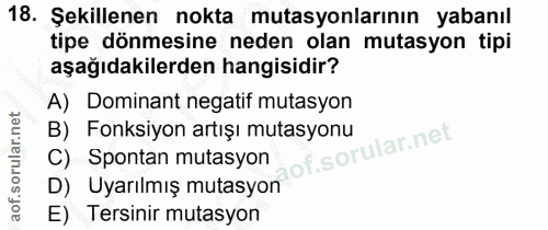 18. soru: Şekillenen nokta mutasyonlarının yabanıl tipe dönmesine neden olan mutasyon tipi aşağıdakilerden hangisidir? A) Domin…