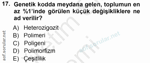 17. soru: Genetik kodda meydana gelen, toplumun en az %'inde görülen küçük değişikliklere ne ad verilir? A) Heterozigozit B) Po…