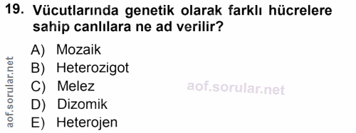 19. soru: Vücutlarında genetik olarak farklı hücrelere sahip canlilara ne ad verilir? A) Mozaik B) Heterozigot C) Melez D) Dizo…