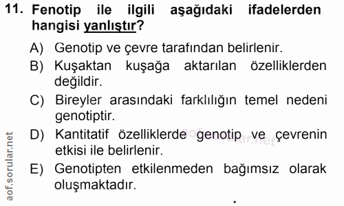 11. soru: Fenotip ile ilgili aşağıdaki ifadelerden hangisi yanlıştır? A) Genotip ve çevre tarafından belirlenir. B) Kuşaktan ku…