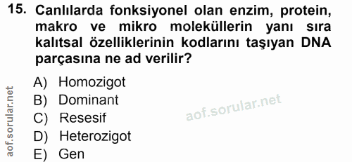 15. soru: Canlılarda fonksiyonel olan enzim, protein, makro ve mikro moleküllerin yanı sıra kalıtsal özelliklerinin kodlarını t…