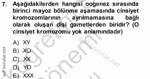 7. soru: Aşağıdakilerden hangisi oogenez sırasında birinci mayoz bölünme aşamasında cinsiyet kromozomlarının ayrılmamasına bağ…