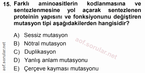 15. soru: Farklı aminoasitlerin kodlanmasına ve sentezlemesine yol açarak sentezlenen proteinin yapısını ve fonksiyonunu değişt…