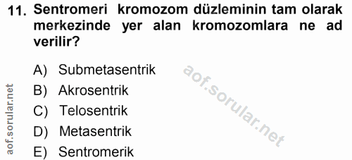 11. soru: Sentromeri kromozom düzleminin tam olarak merkezinde yer alan kromozomlara ne ad verilir? A) Submetasentrik B) Akrose…