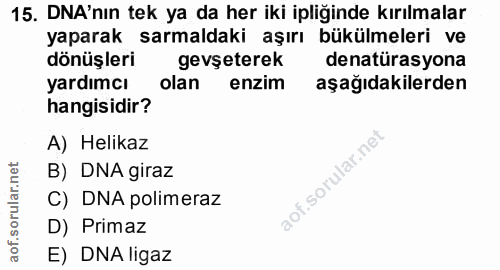 15. soru: DNA'nın tek ya da her iki ipliğinde kırılmalar yaparak sarmaldaki aşırı bükülmeleri ve dönüşleri gevşeterek denatüras…