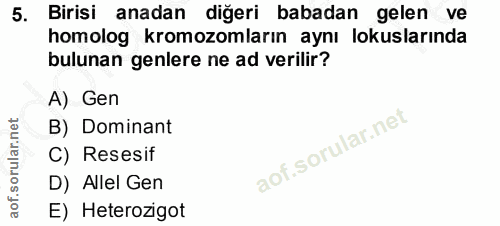 5. soru: Birisi anadan diğeri babadan gelen ve homolog kromozomların aynı lokuslarında bulunan genlere ne ad verilir? A) Gen B…