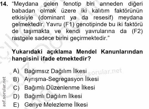 14. soru: "Meydana gelen fenotip biri anneden diğeri babadan olmak üzere iki kalıtım faktörünün etkisiyle (dominant ya da reses…