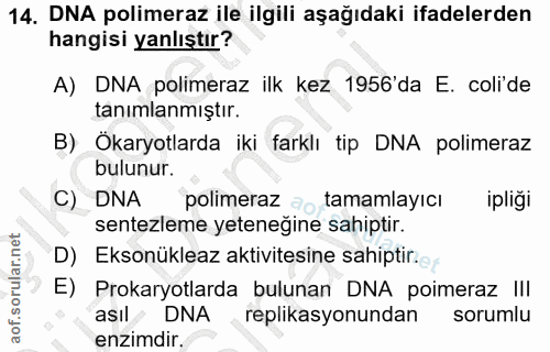 14. soru: DNA polimeraz ile ilgili aşağıdaki ifadelerden hangisi yanlıştır? A) DNA polimeraz ilk kez 1956'da E. col'de tanımlan…