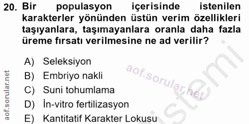 20. soru: Bir populasyon içerisinde istenilen karakterler yönünden üstün verim özellikleri taşıyanlara, taşımayanlara oranla da…