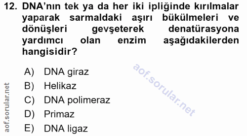 12. soru: DNA'nın tek ya da her iki ipliğinde kırılmalar yaparak sarmaldaki aşırı bükülmeleri ve dönüşleri gevseterek denatüras…