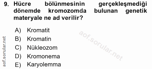 9. soru: Hücre bölünmesinin gerçekleşmediği dönemde kromozomda bulunan genetik materyale ne ad verilir? A) Kromatit aof.sort B…